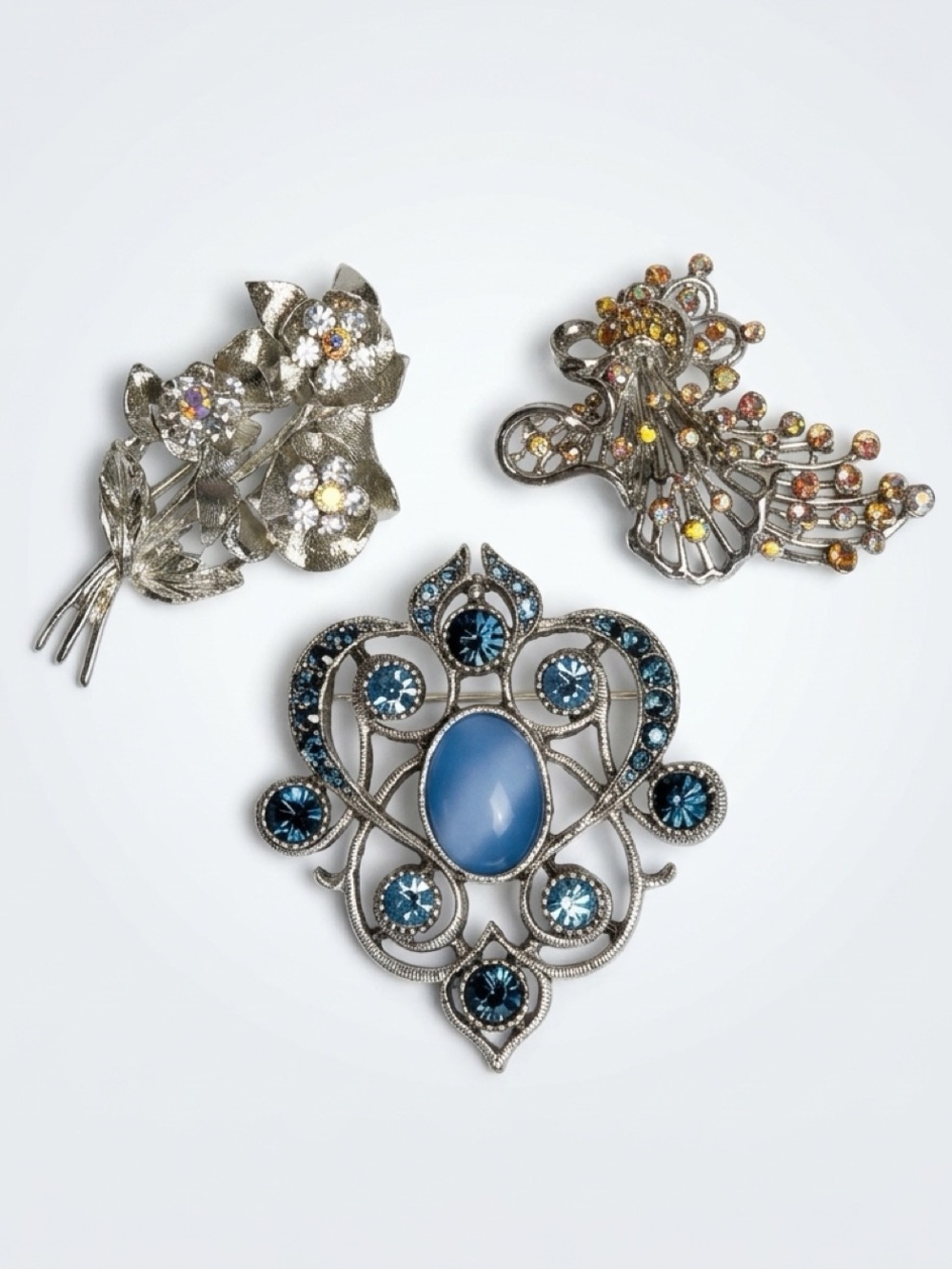 Vintage-Inspired Set of 3 Silvertone Crystal Brooches, blue/gold/pink, EUC